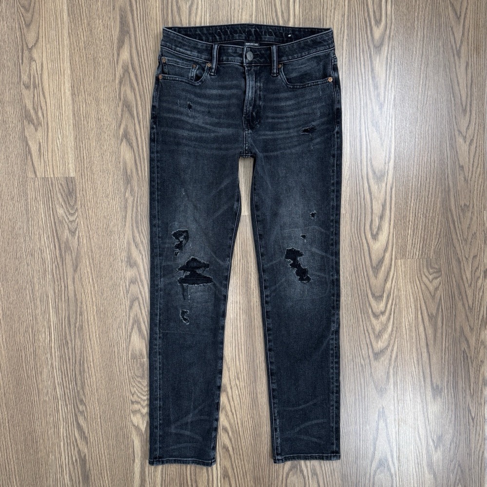 American Eagle Jeans Mens 30x30 Black Slim Low Rise Distressed Ripped Dark Denim - Picture 3 of 16